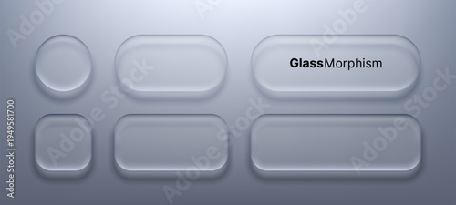 Liquid glass morphism vector buttons with soft blur and transparency effect. Modern UI element set for website interface design and mobile app navigation components. Minimalist web style.