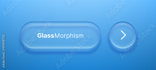 Liquid glass morphism vector button with arrow icon. Frosted translucent panel on blue background. User interface design element for website or digital application interaction concept.