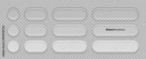 Liquid glass morphism vector elements set. Transparent frosted UI buttons and shapes with soft blur effect. Modern graphic design components for website interface and mobile application.