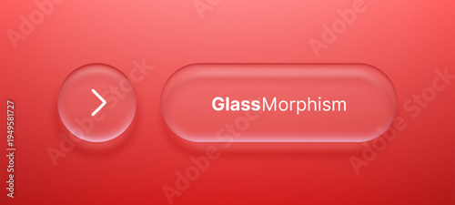 Red liquid glass morphism interface element with arrow button. Transparent frosted matte rectangle and circle shape with blur effect for UI design. Modern web site button app style.