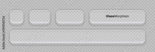 Collection of rectangular glass morphism UI elements with frosted texture. Transparent web button kit for modern interface design. Minimalist graphic template for digital application layout.