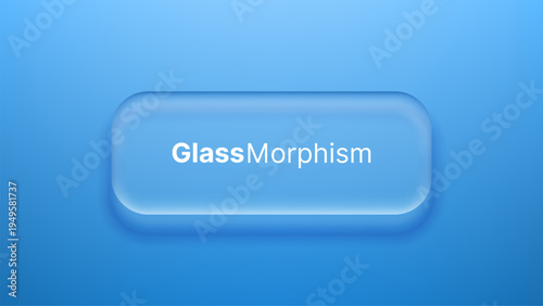 Glass morphism button with translucent effect on blue background. Modern user interface design element for web application. Soft frosted aesthetic for digital gadget screen layout.