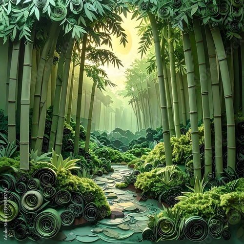 Enchanting Bamboo Forest Path with Sunlit Canopy and Lush Greenery.