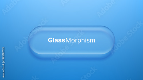 Liquid glass morphism vector button with frosted transparency effect. Matte plastic UI element on blue gradient background. Modern digital interface design component for web application.