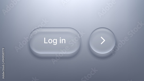 Log in button with glass morphism effect. Translucent frosted UI element for web interface design. Modern digital style for application website navigation and software connectivity.