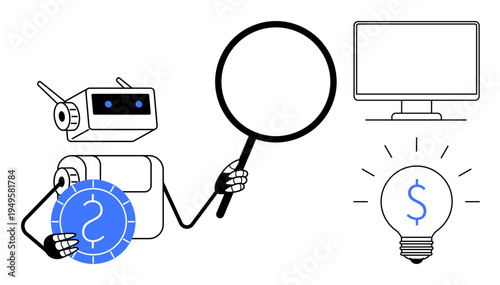 Finance, innovation, technology, automation, digital analysis, data research. A robot holding a coin and magnifying glass with a computer monitor and lit lightbulb. Finance and innovation concepts