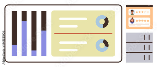 Data analysis, business management, performance metrics, user feedback, decision-making, digital tools. Dashboard with bar charts, pie charts user review panel and data tables. Data analysis