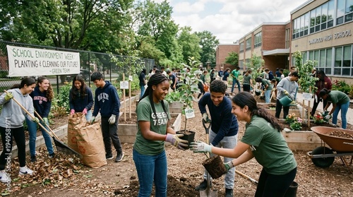 Diverse high school students participate in a community garden project, planting trees and cleaning up the school environment.