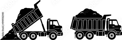Dump truck silhouettes set, construction tipper truck unloading soil gravel, heavy equipment vehicle vector illustration isolated on white background