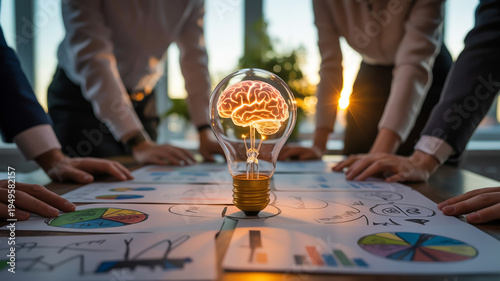 Business team brainstorming with creative idea light bulb