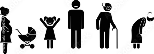 Human life stages icons set, pregnancy baby child adult elderly aging sequence, family generation vector isolated