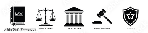 Law justice icon set. Set of Justice, courthouse, and law icon - Stock Vector 