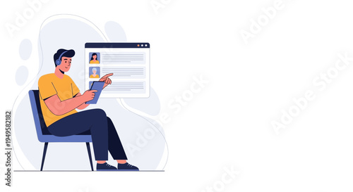 Man with headphones using tablet, reviewing profiles on computer screen