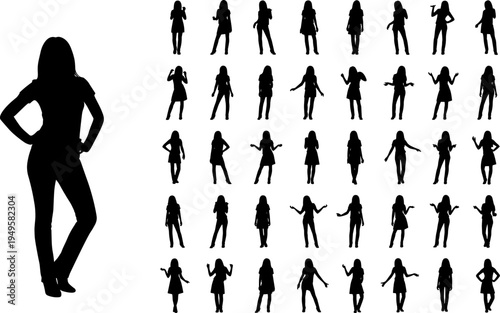 Women silhouettes collection, female standing poses set, fashion model body gestures vector illustration isolated on white background