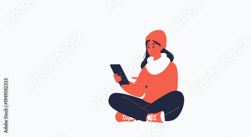 Young Woman Sitting Cross-legged With Tablet, Casual Style, White Background