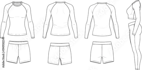 Women sportswear template set, long sleeve shirt shorts leggings mockup, female fitness clothing outline vector isolated