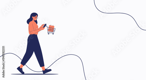 Woman with shopping cart and phone, online shopping concept
