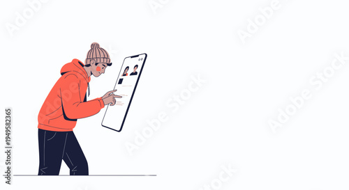 Young man in hoodie and beanie using smartphone, browsing social media feed