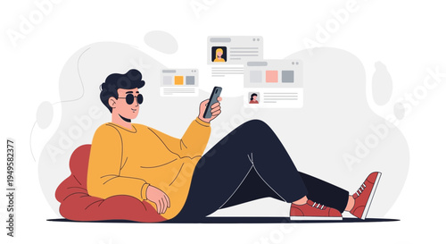 Man Relaxing with Smartphone, Browsing Social Media Profiles Online