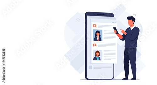 Man Using Smartphone to Browse Professional Profiles on a Large Mobile Screen