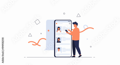 Man Using Smartphone to Browse User Profiles on a Large Screen Device