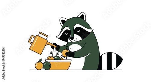 Cartoon raccoon washing fruit