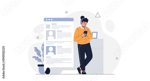 Person with headphones using smartphone near profile list on screen, flat design
