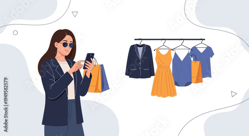 Woman shopping online with phone, browsing clothes on rack, fashion, retail