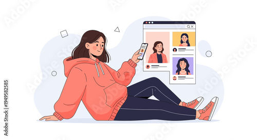 Young woman using smartphone, browsing social media profiles on a laptop screen