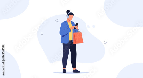 Person with headphones and shopping bag using smartphone, modern flat illustration