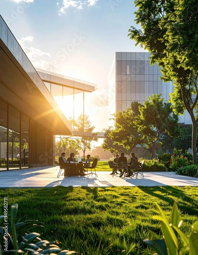 Modern Office Building Exterior with Lush Greenery and People Relaxing Outdoors at Sunset.