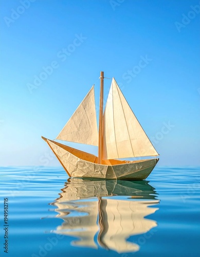 Origami sailboat floating on calm blue water with clear sky.