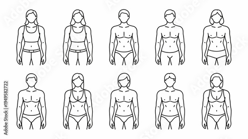 A series of line art illustrations depict diverse body types and shapes of individuals both male and female standing in a neutral pose high quality professional