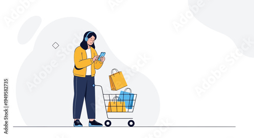 Woman with shopping cart using smartphone and headphones, online shopping concept