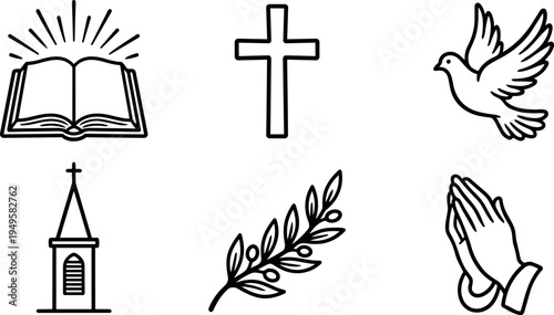 Black line art christian symbols including praying hands open bible flying dove church building and olive branch vector icons isolated