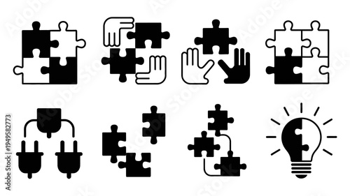 A collection of black and white vector icons depicts puzzle pieces hands connections and a lightbulb representing problem solving concepts high quality professional detailed modern elegant