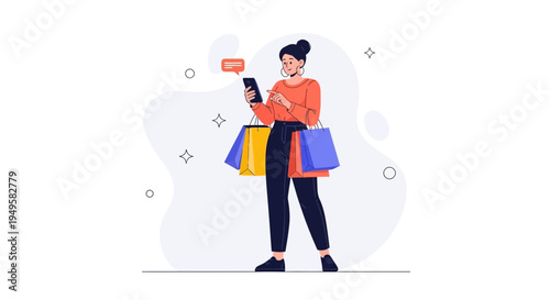 Woman Shopping Online Using Smartphone, Holding Shopping Bags