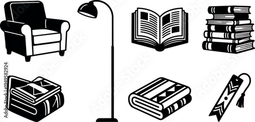 Black and white vector icons of cozy armchair floor lamp open book stack of books folded blanket and decorative bookmark set