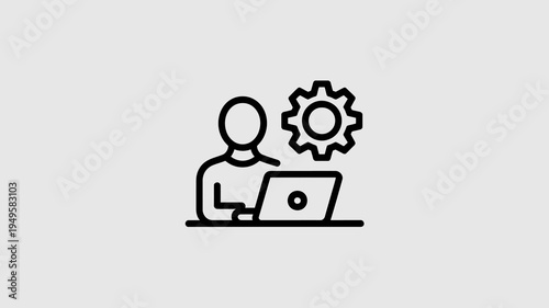 A simple line drawing depicts a person working on a laptop with a gear symbol positioned above their head high quality professional detailed modern elegant stylish
