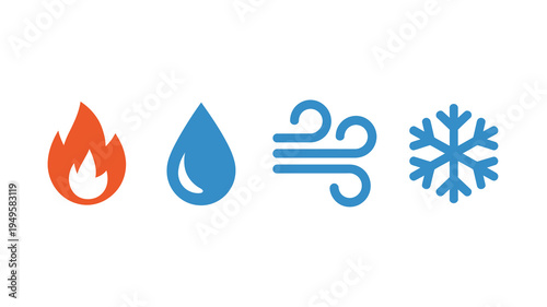 A simple graphic depicts four elemental icons fire water air and ice arranged horizontally in a clean modern style high quality professional detailed elegant stylish crisp