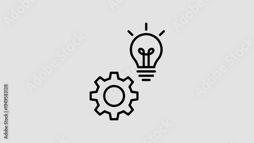 A minimalist illustration depicts a lightbulb with radiating lines positioned above a gear symbolizing innovation and problem solving high quality professional detailed modern elegant stylish clean