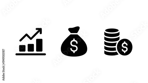 A minimalistic black icon set depicts financial growth including a rising graph a money bag and stacked coins high quality professional detailed modern elegant stylish clean