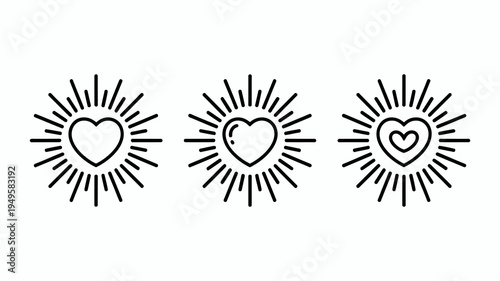 This image displays three stylized hearts each encircled by radiating lines resembling sunbeams or bursts of light in a minimalist design high quality professional detailed modern