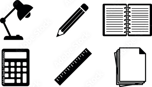 Black and white icons set of desk lamp pencil notebook calculator ruler and paper sheets office supplies and study tools collection