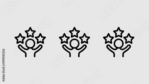 A minimalist illustration depicts three identical icons showcasing hands reaching up to grasp groups of five pointed stars high quality professional detailed modern elegant stylish clean