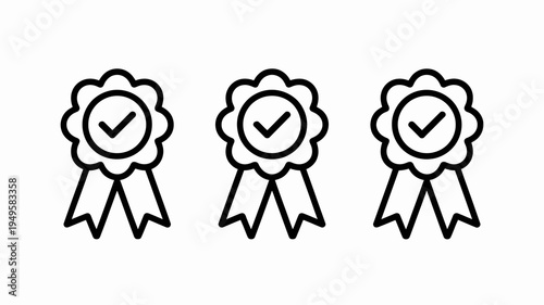 A minimalist black and white illustration depicts three award ribbons each featuring a central checkmark symbol signifying approval or quality high quality professional detailed modern elegant