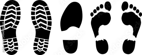 Black footprints collection, shoe sole tread patterns, barefoot prints, walking track silhouettes, vector style isolated on white background trail marks