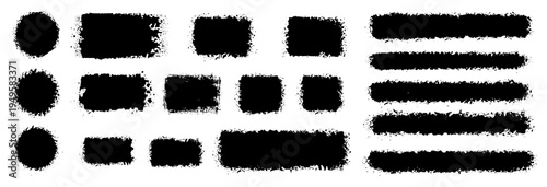 Black ink brush stroke rectangle and circle set. Handdrawn style torn edge paint blocks and straight lines. Grunge rubber stamp texture. Square and round heavy ink dabs for banner and divider.