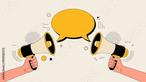 A minimalist illustration depicts two hands holding yellow megaphones directed towards a blank speech bubble high quality professional detailed modern elegant stylish clean crisp vibrant colorful