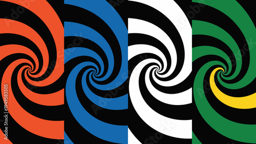 A vibrant composition displays four swirling spirals each divided into black and a distinct primary or secondary color high quality professional detailed modern elegant stylish clean